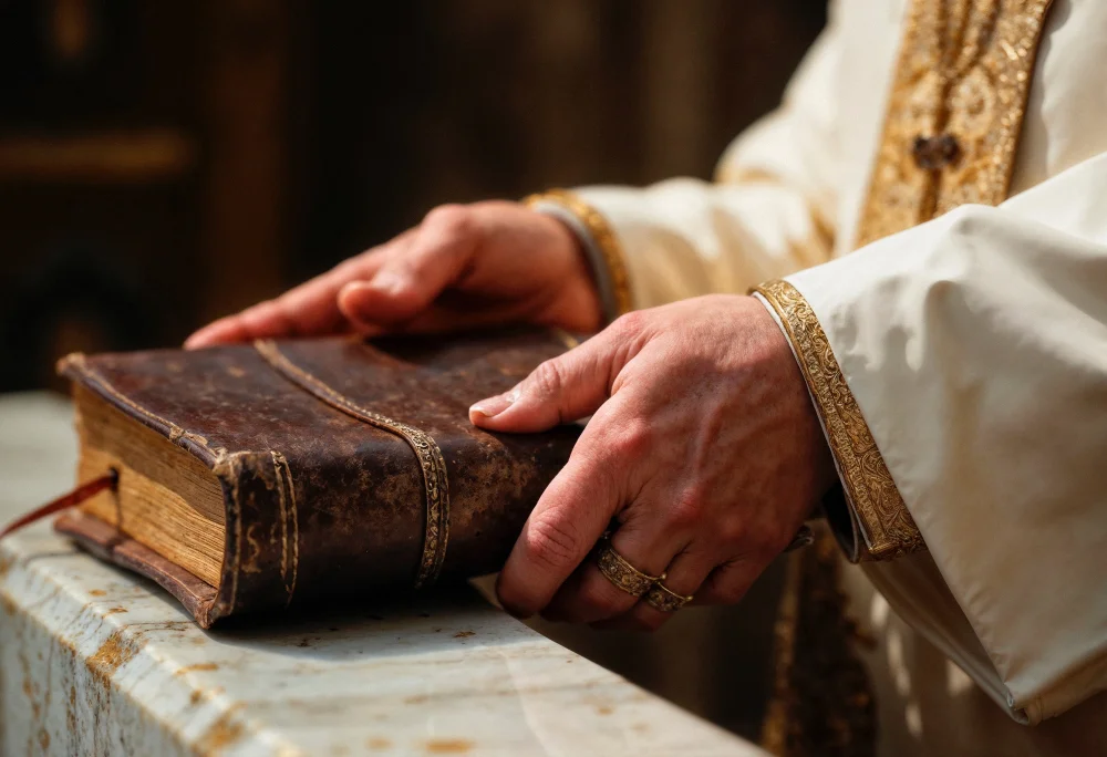 Mãos em túnica branca com detalhes dourados tocando uma Bíblia antiga de couro marrom.
