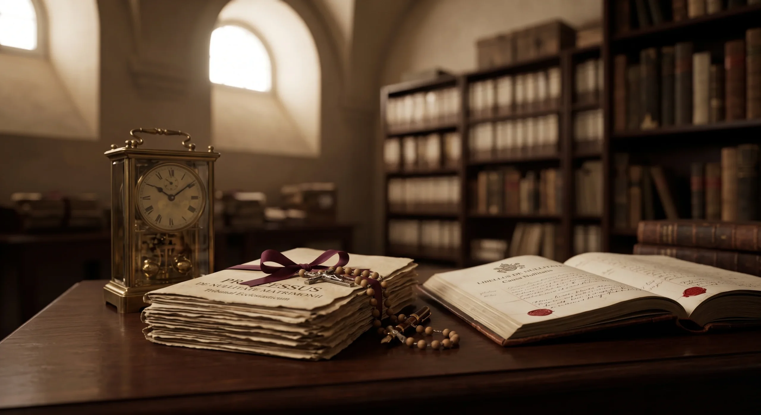 Mesa de madeira com livros antigos, rosário, relógio dourado e biblioteca ao fundo. Ambiente histórico, religioso.