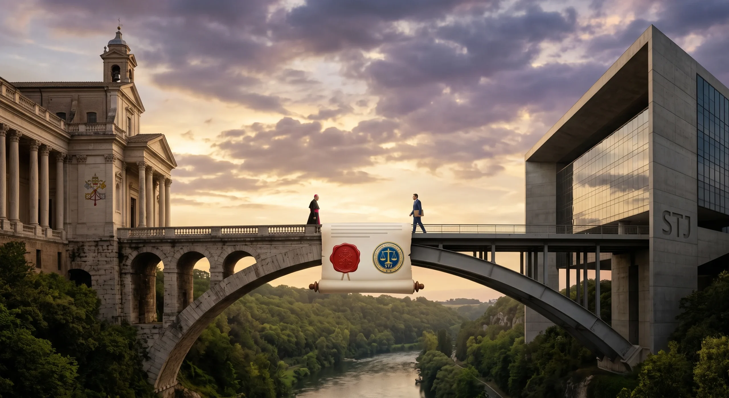 Ponte conectando palácio antigo e prédio STJ, com clérigo, advogado e documento legal.